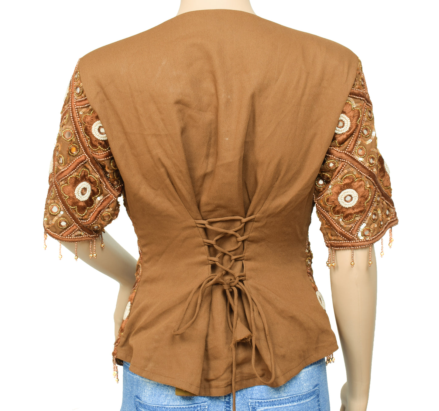 Sushila Vintage Readymade 34"Brown Silk Sari Blouse Hand Beaded Koti Top