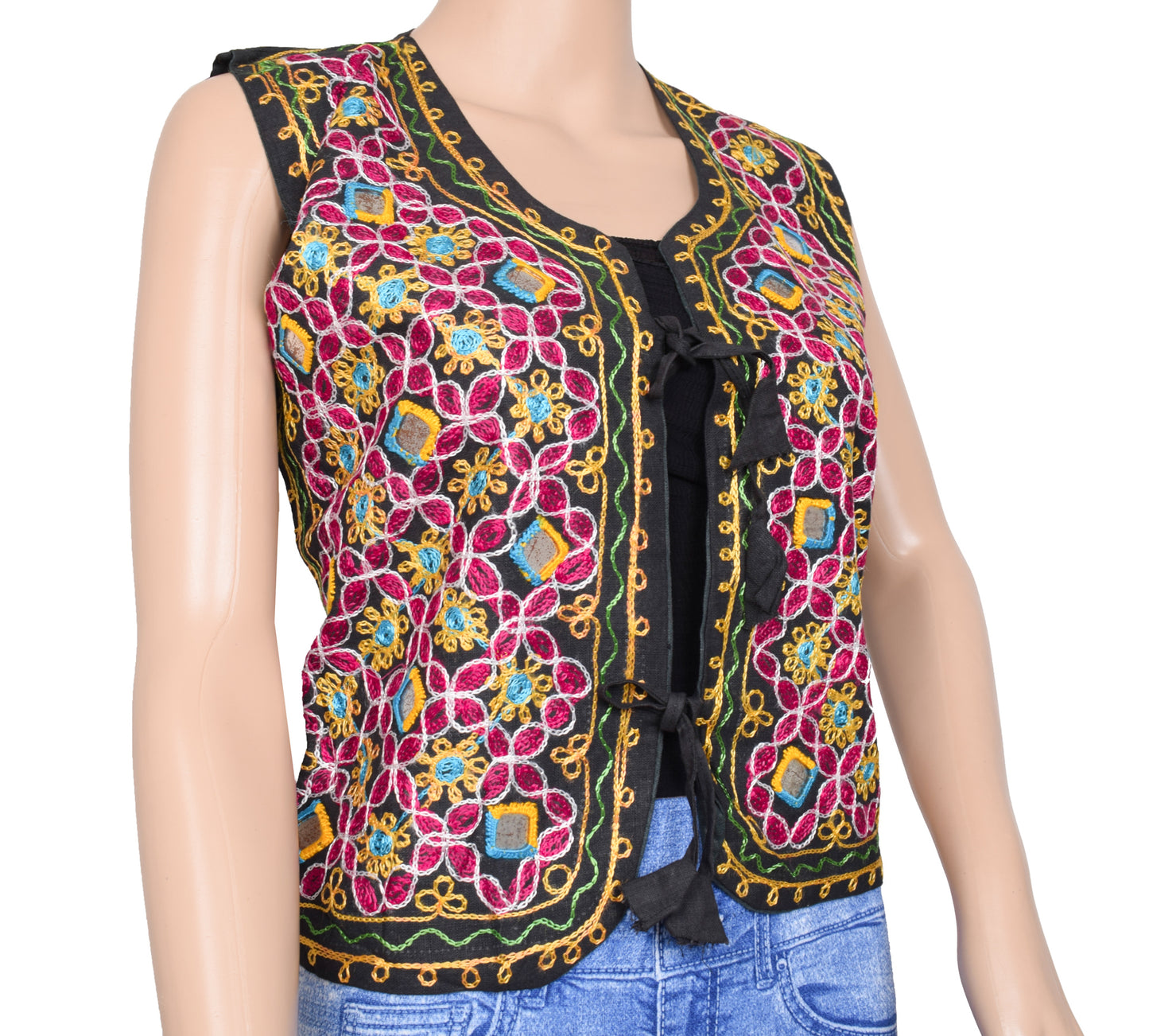 Sushila Vintage Readymade Black Jacket Embroidered Ethnic Wear 36" Women Waistcoat