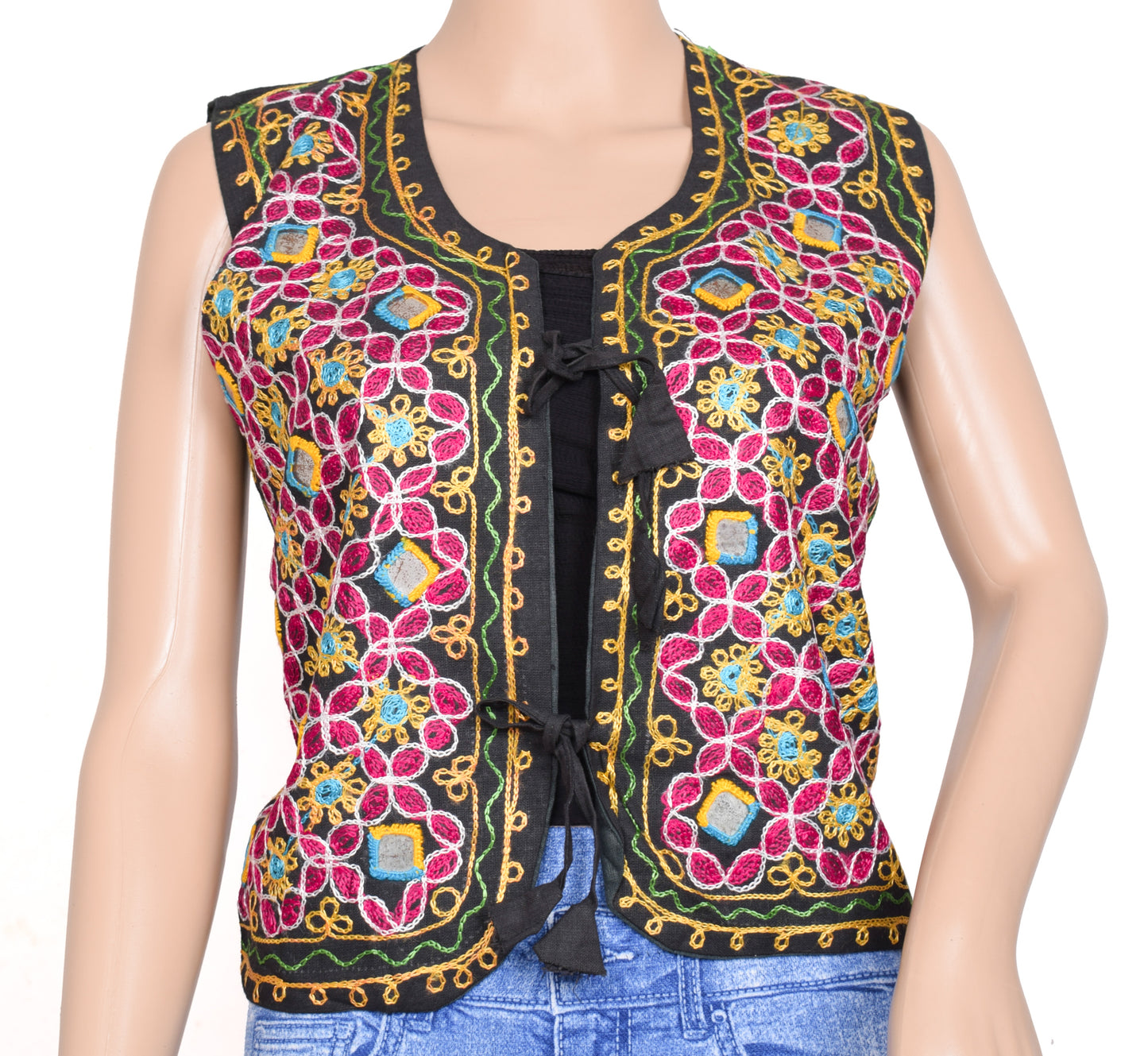 Sushila Vintage Readymade Black Cotton Embroidered Ethnic Wear 38" Women Waistcoat