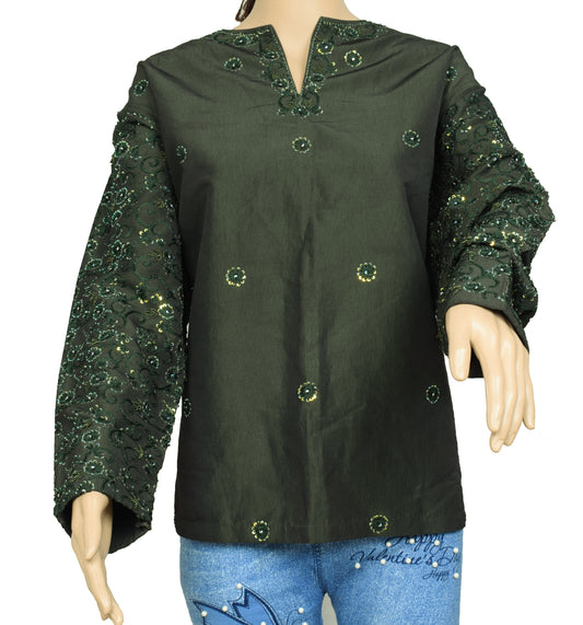 Sushila Vintage Green Branded Readymade Art Silk Sari Kurti Hand Embroidered Top 45"