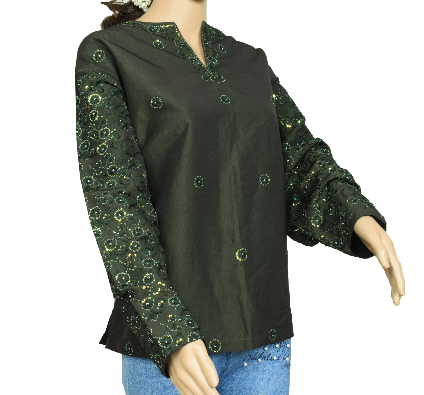 Sushila Vintage Green Branded Readymade Art Silk Sari Kurti Hand Embroidered Top 45"