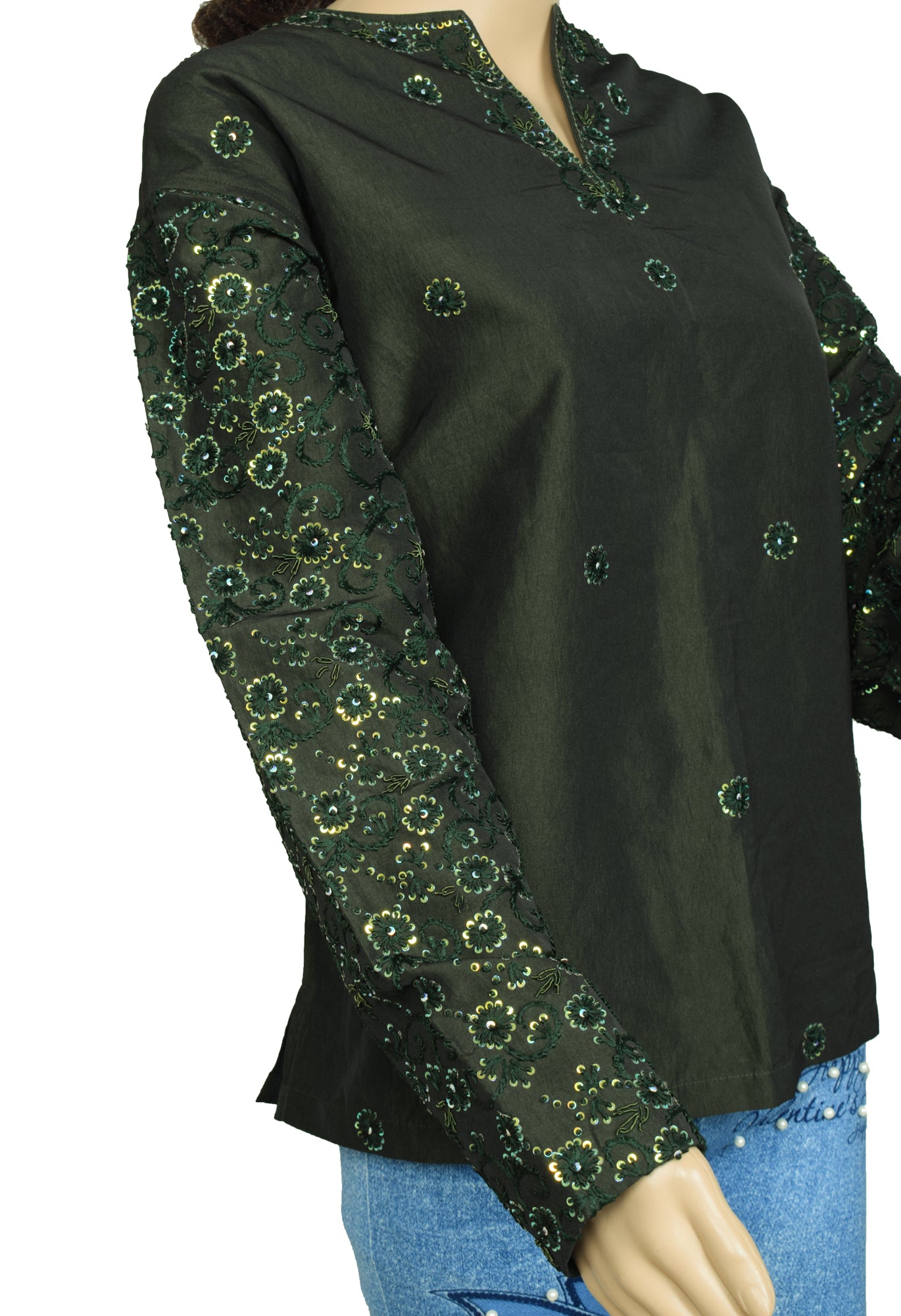 Sushila Vintage Green Branded Readymade Art Silk Sari Kurti Hand Embroidered Top 45"