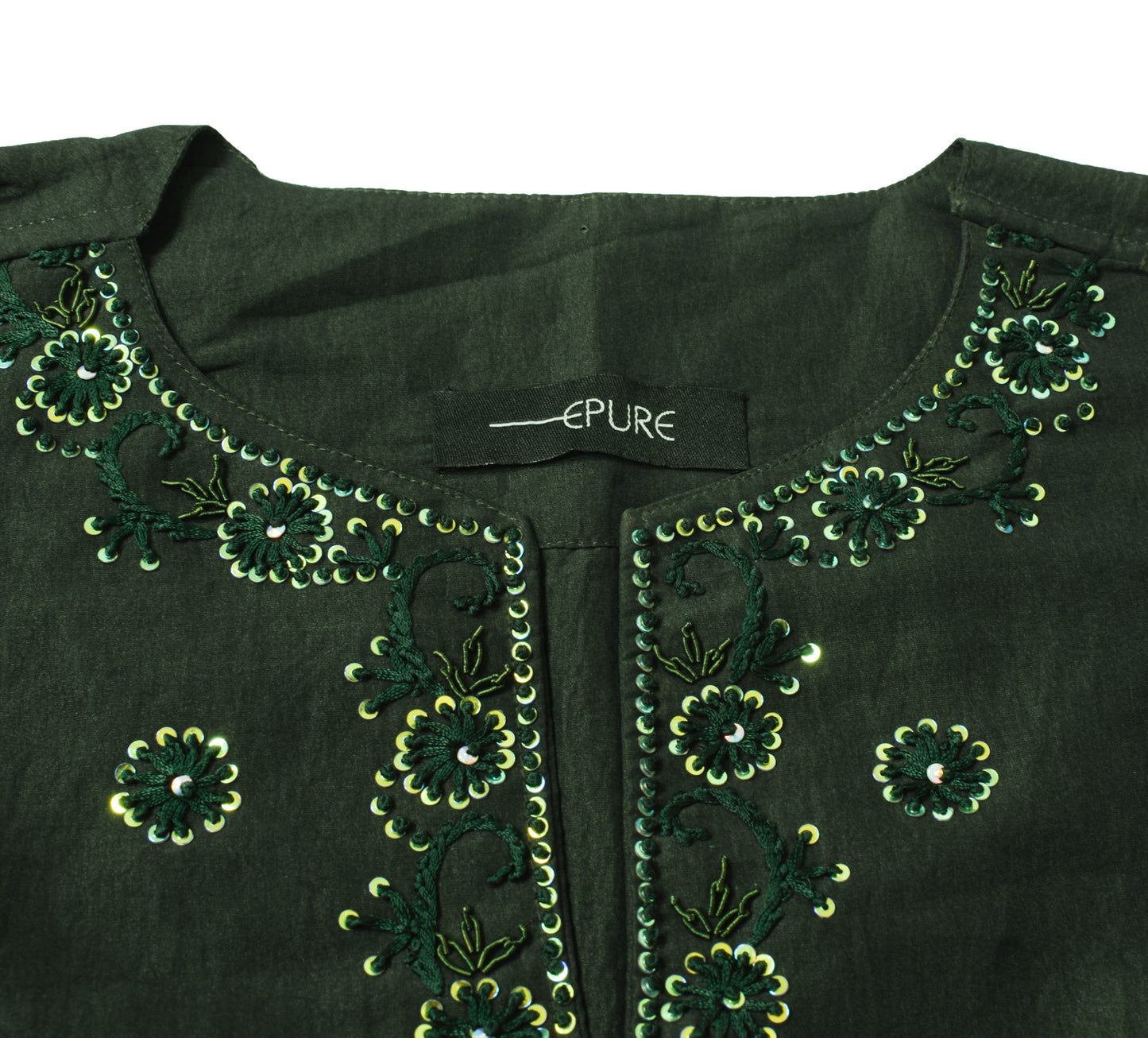 Sushila Vintage Green Branded Readymade Art Silk Sari Kurti Hand Embroidered Top 45"