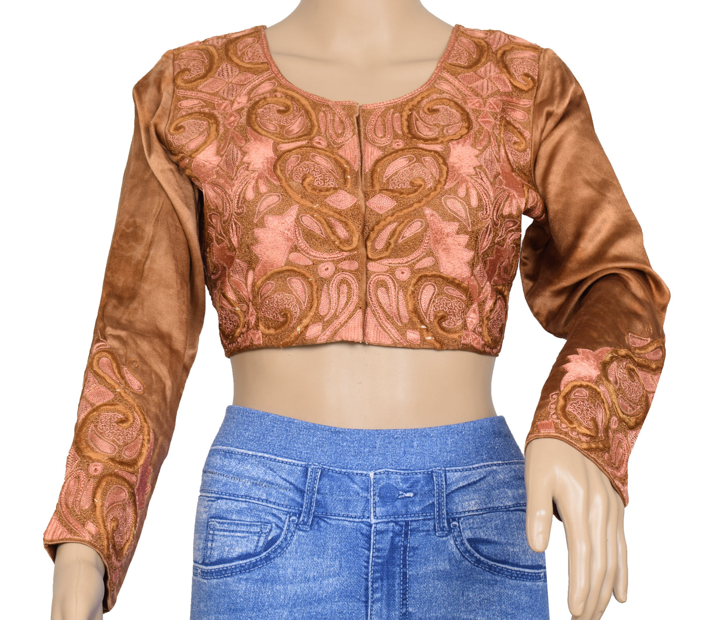 Sushila Vintage Readymade 36" Brown Satin Silk Sari Blouse Embroidered Top