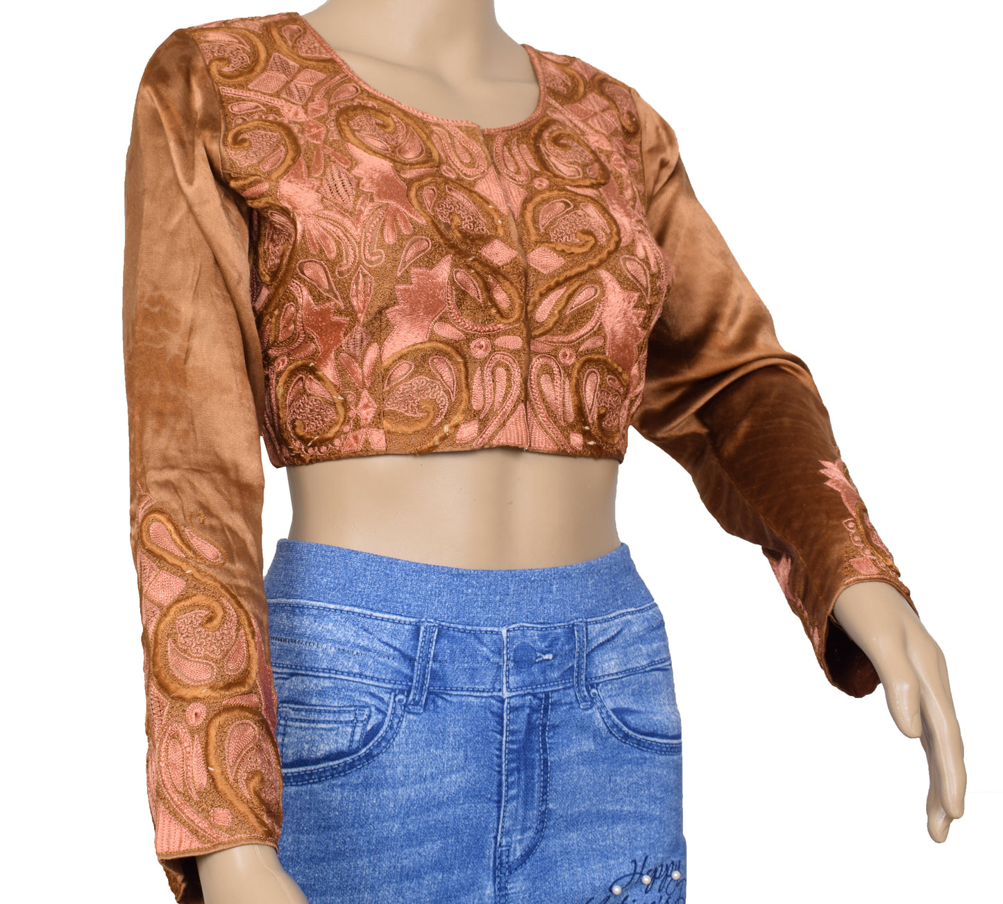 Sushila Vintage Readymade 36" Brown Satin Silk Sari Blouse Embroidered Top