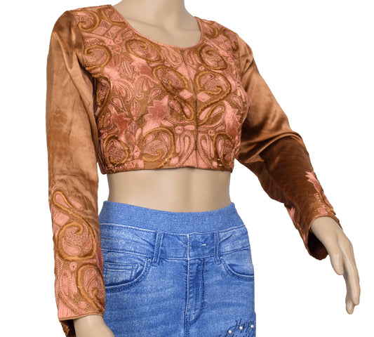 Sushila Vintage Readymade 36" Brown Satin Silk Sari Blouse Embroidered Top