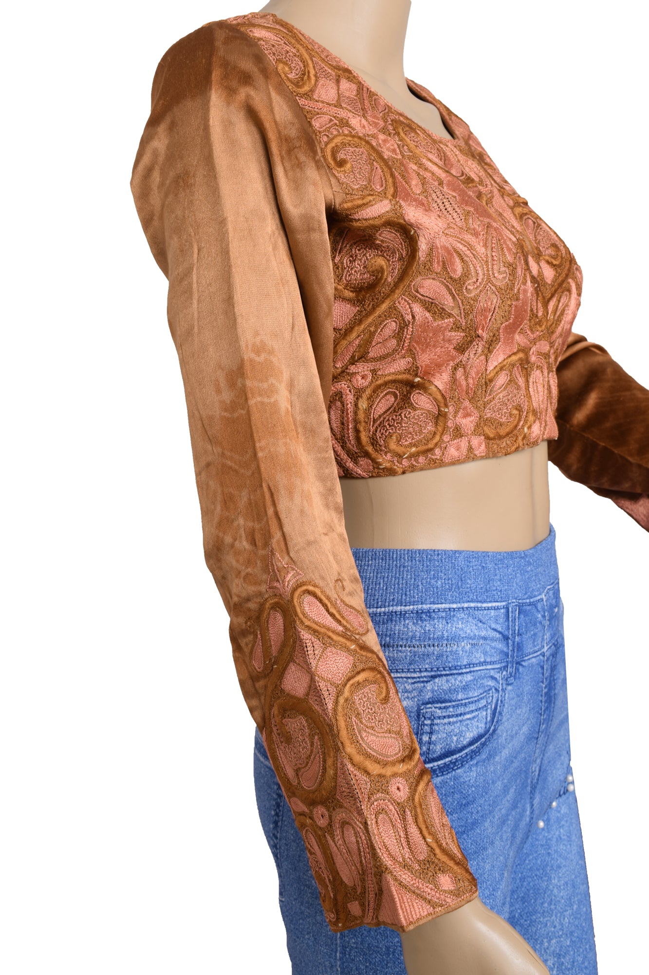 Sushila Vintage Readymade 36" Brown Satin Silk Sari Blouse Embroidered Top