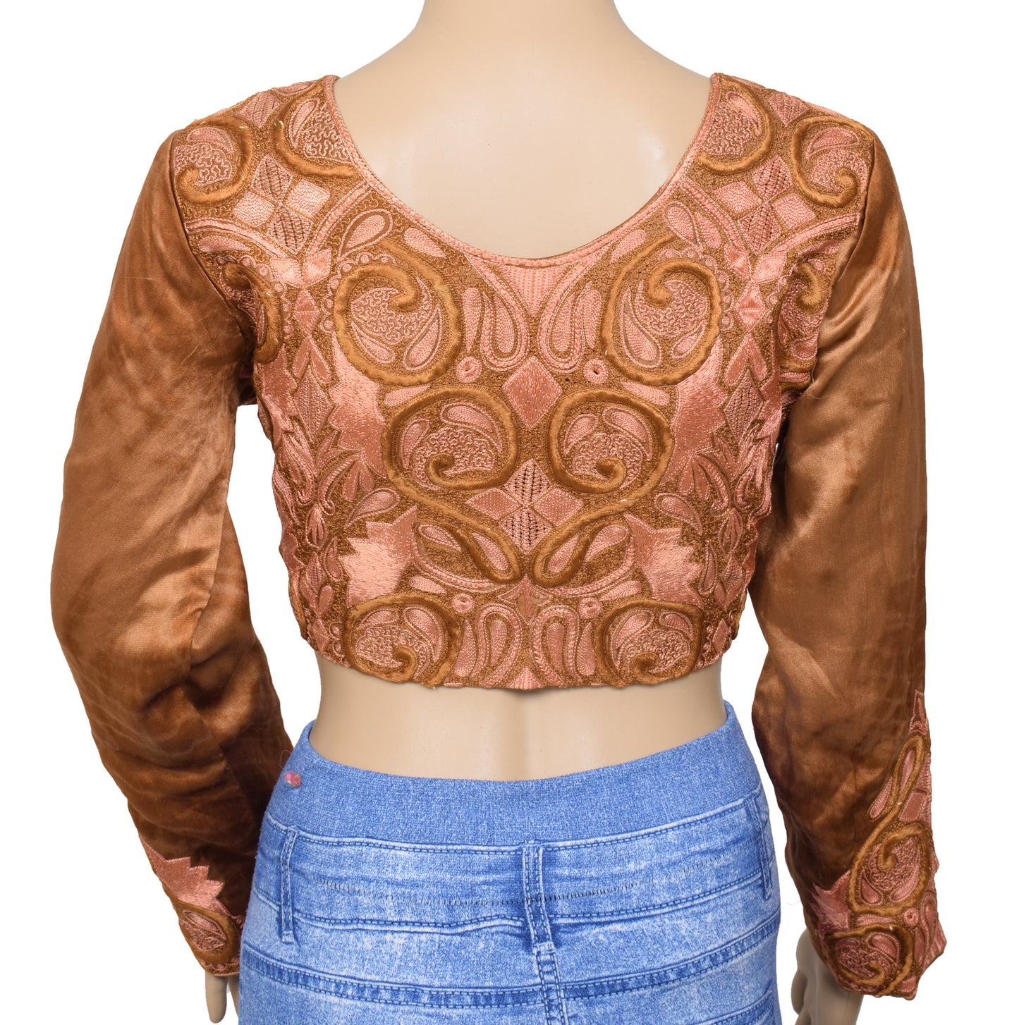 Sushila Vintage Readymade 36" Brown Satin Silk Sari Blouse Embroidered Top