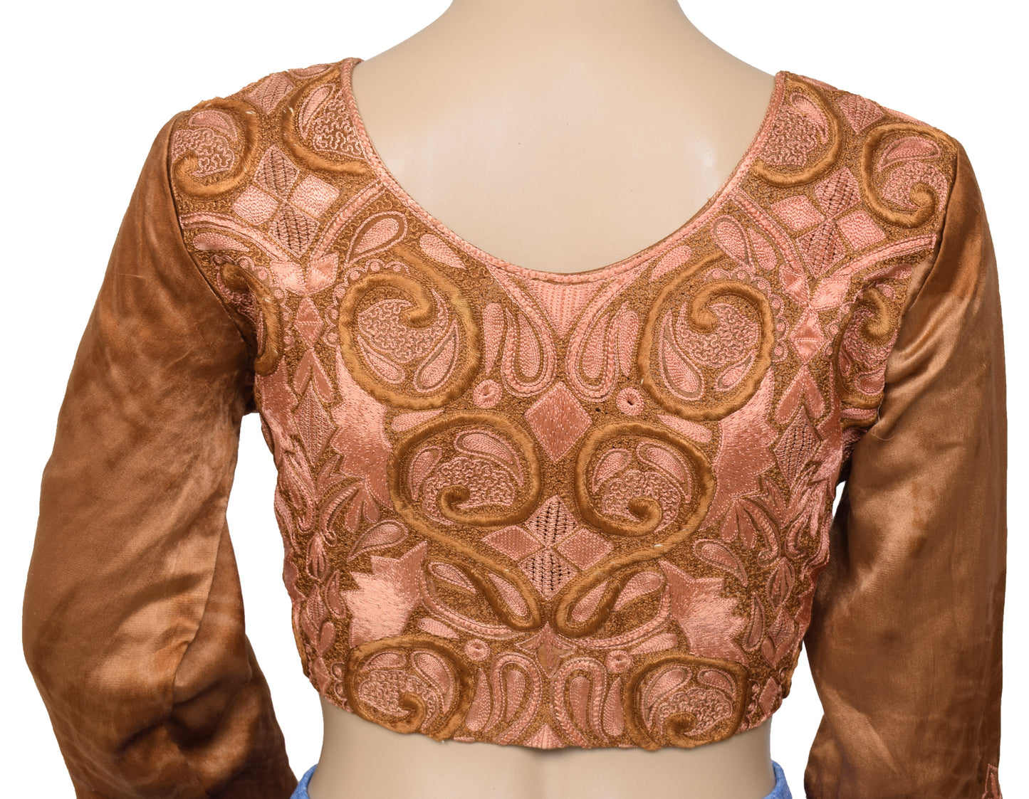 Sushila Vintage Readymade 36" Brown Satin Silk Sari Blouse Embroidered Top