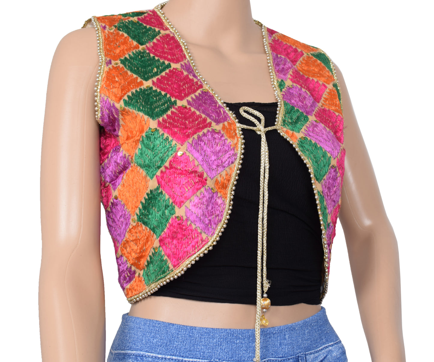 Sushila Vintage Cream Readymade 36" Cotton Waistcoat Embroidered Sari Koti