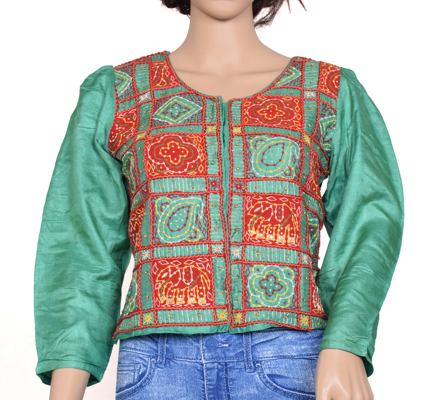 Sushila Vintage Green Readymade 34" Sari Blouse Silk Embroidered Floral Top