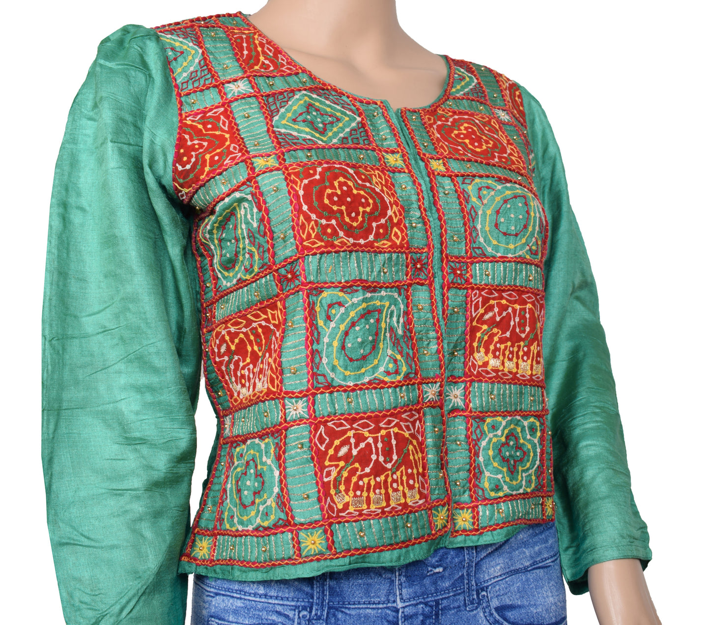 Sushila Vintage Green Readymade 34" Sari Blouse Silk Embroidered Floral Top