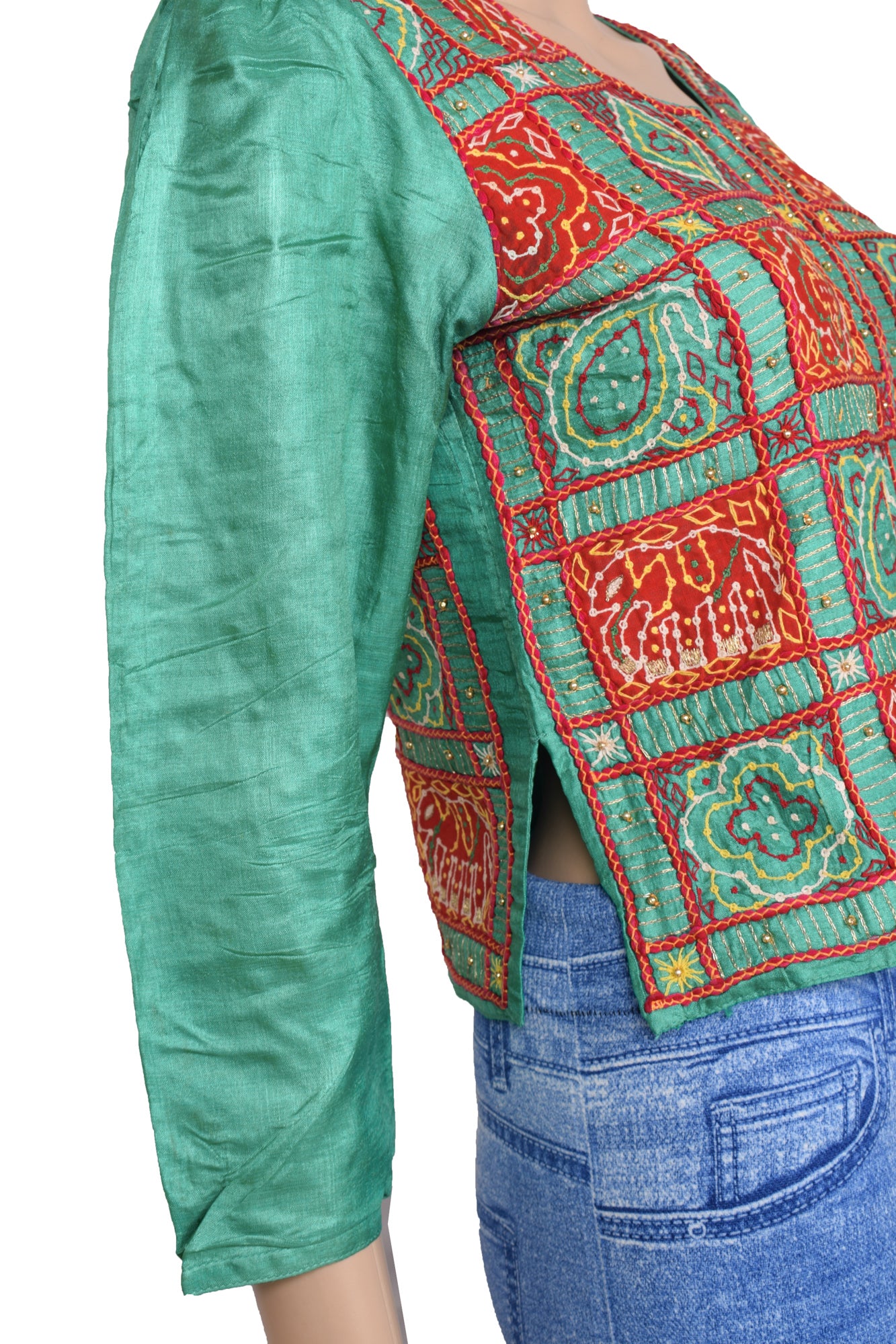 Sushila Vintage Green Readymade 34" Sari Blouse Silk Embroidered Floral Top