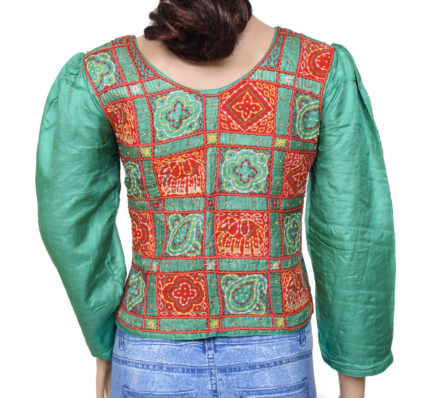 Sushila Vintage Green Readymade 34" Sari Blouse Silk Embroidered Floral Top