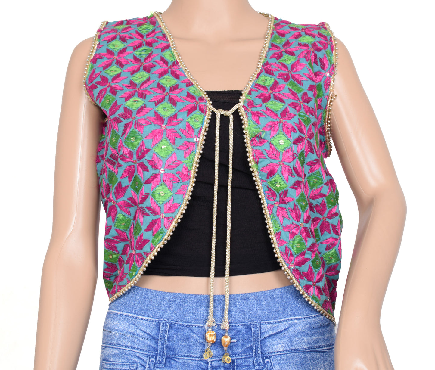 Sushila Vintage Readymade Stitched Sari Koti Cotton Embroidered 38" Jacket Waistcoat