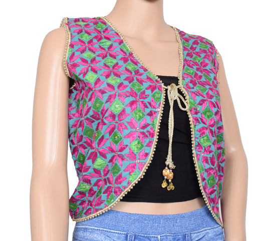 Sushila Vintage Readymade Stitched Sari Koti Cotton Embroidered 38" Jacket Waistcoat