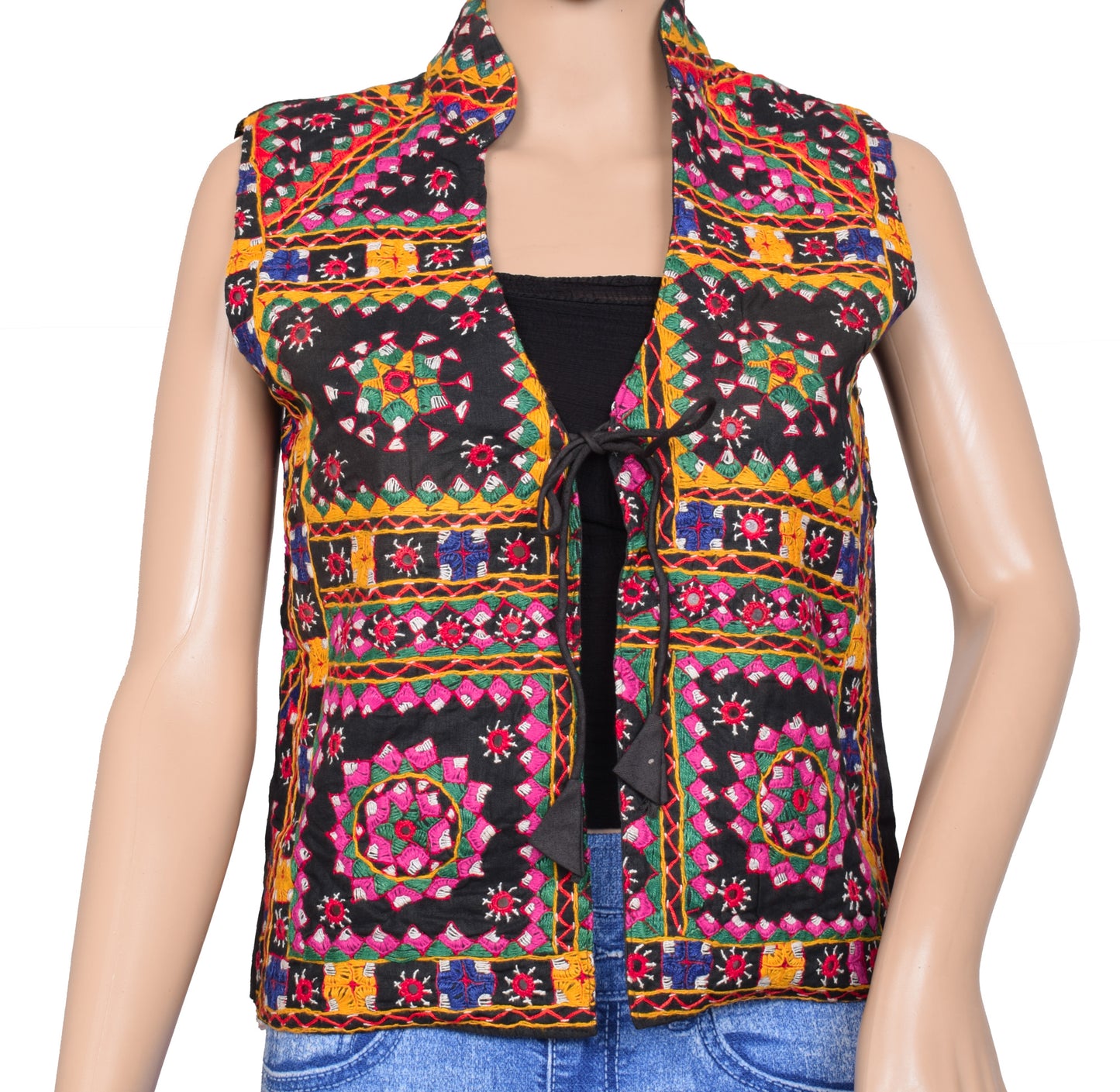 Sushila Vintage Cotton Jacket Traditional Ethnic Wear Embroidery 33" Black Waistcoat