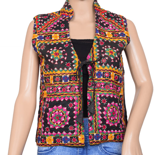 Sushila Vintage Cotton Jacket Traditional Ethnic Wear Embroidery 33" Black Waistcoat