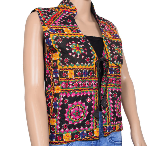 Sushila Vintage Cotton Jacket Traditional Ethnic Wear Embroidery 33" Black Waistcoat