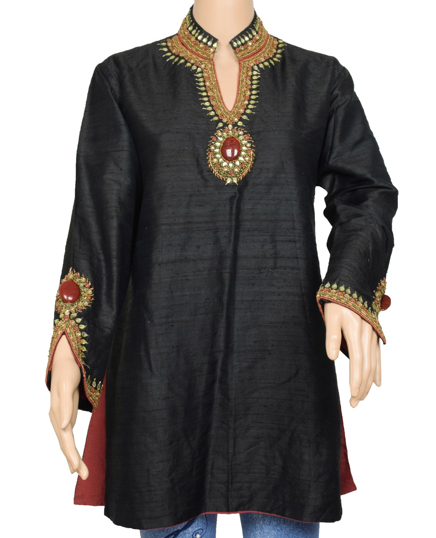 Sushila Vintage Readymade Stitched Art Silk Short Kurti Hand Beaded Designer Top