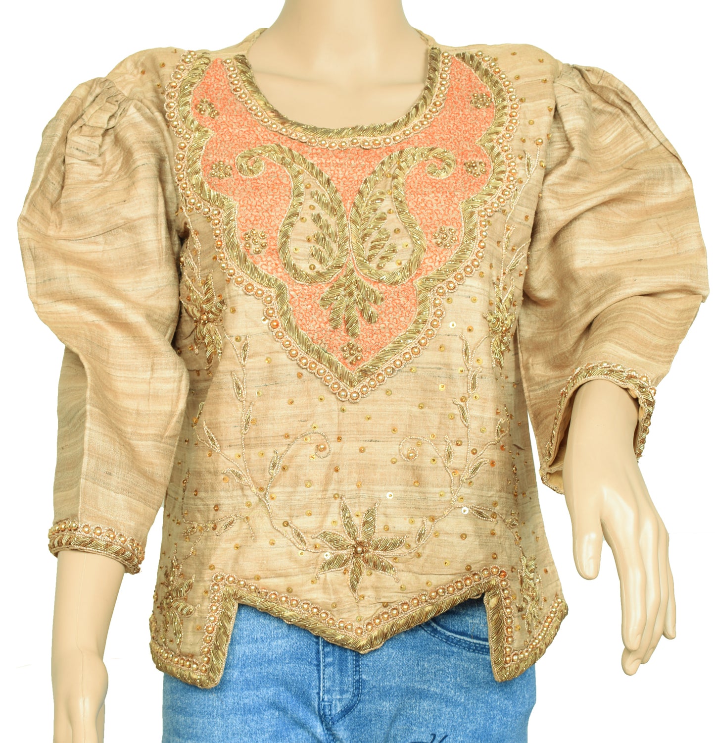 Sushila Vintage Readymade 38"Brown Sari Blouse Pure Khadi Hand Beaded Top
