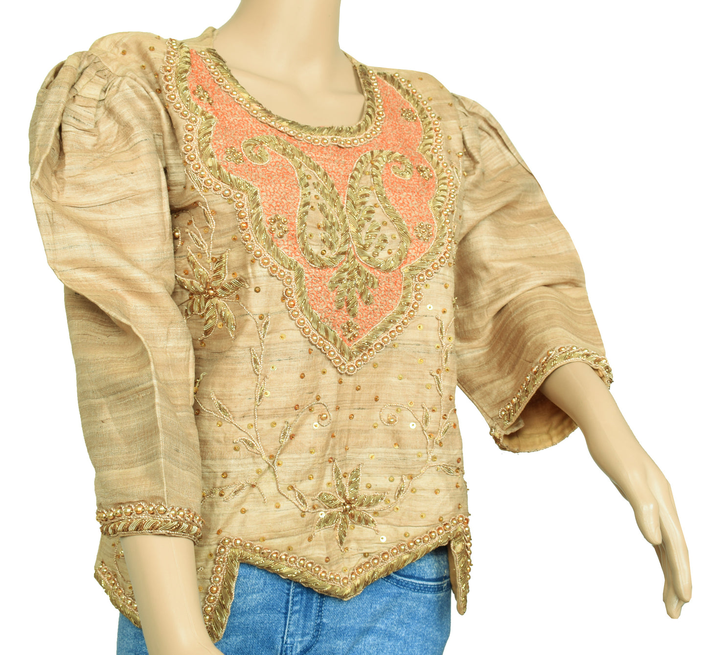 Sushila Vintage Readymade 38"Brown Sari Blouse Pure Khadi Hand Beaded Top