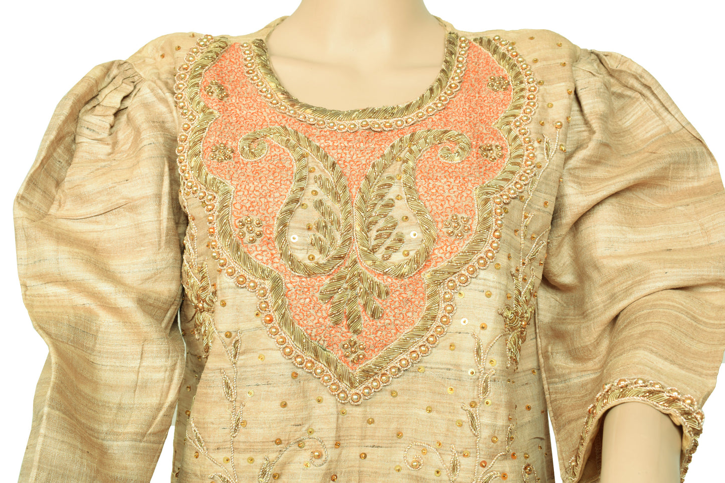Sushila Vintage Readymade 38"Brown Sari Blouse Pure Khadi Hand Beaded Top