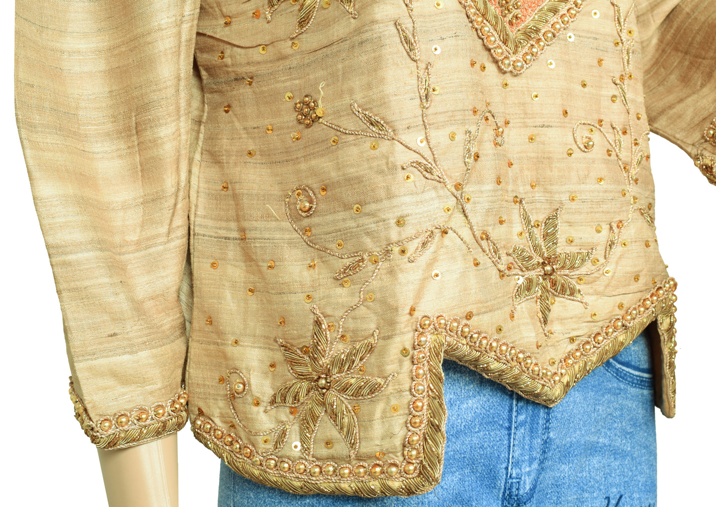 Sushila Vintage Readymade 38"Brown Sari Blouse Pure Khadi Hand Beaded Top