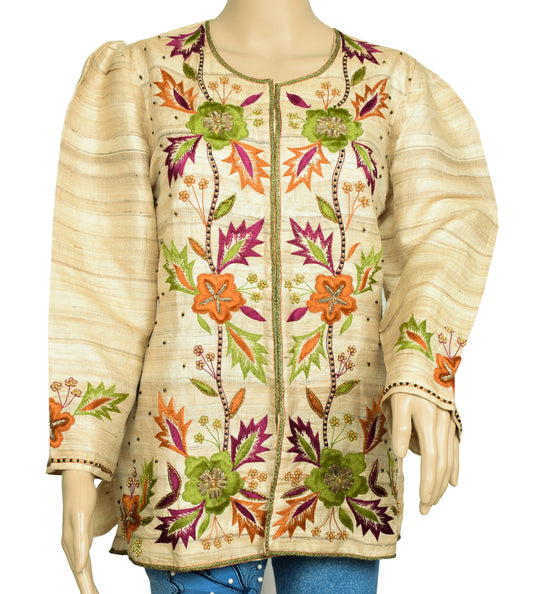Sushila Vintage Readymade 40" Top Beige Pure Khadi Hand Beaded Short Kurti