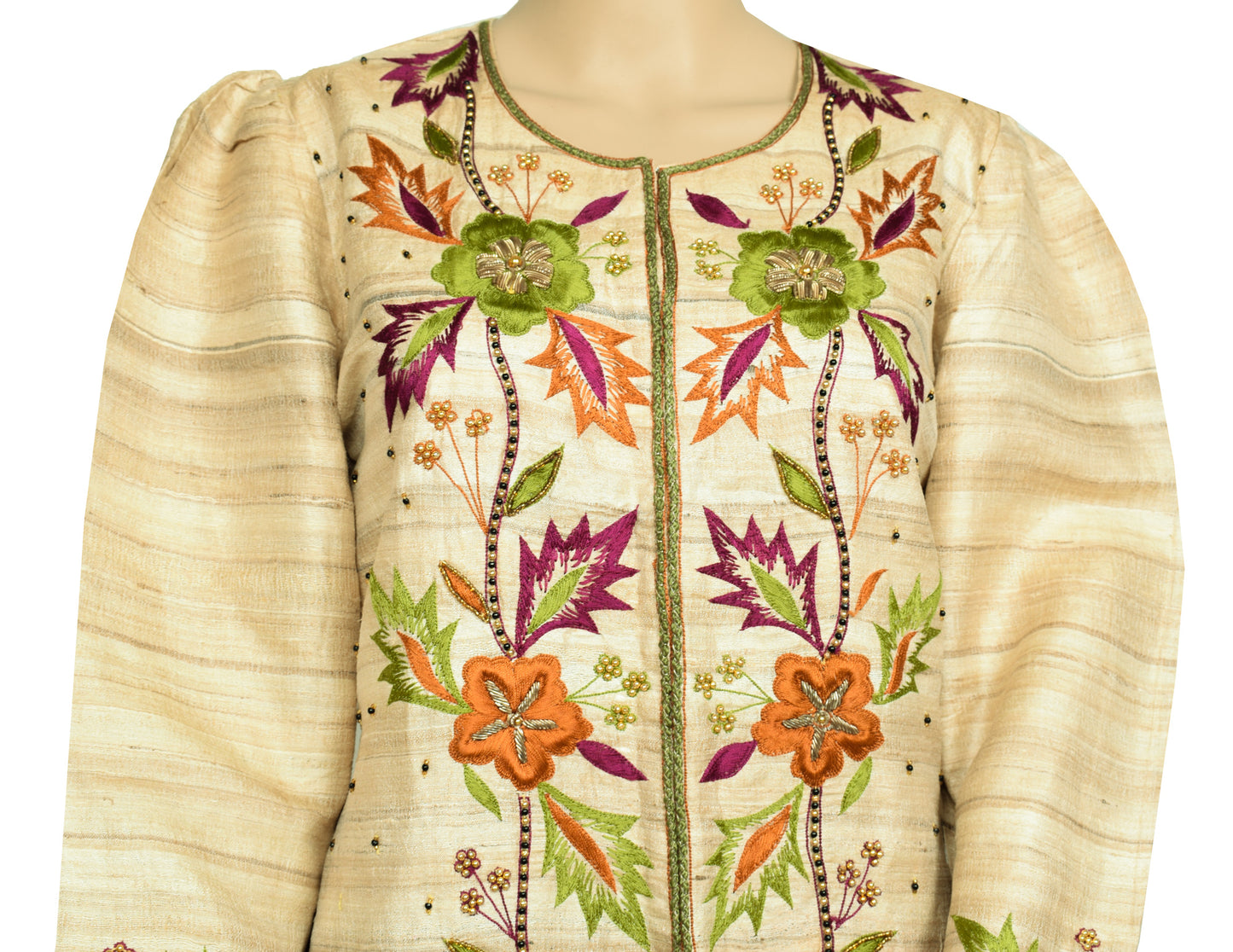 Sushila Vintage Readymade 40" Top Beige Pure Khadi Hand Beaded Short Kurti
