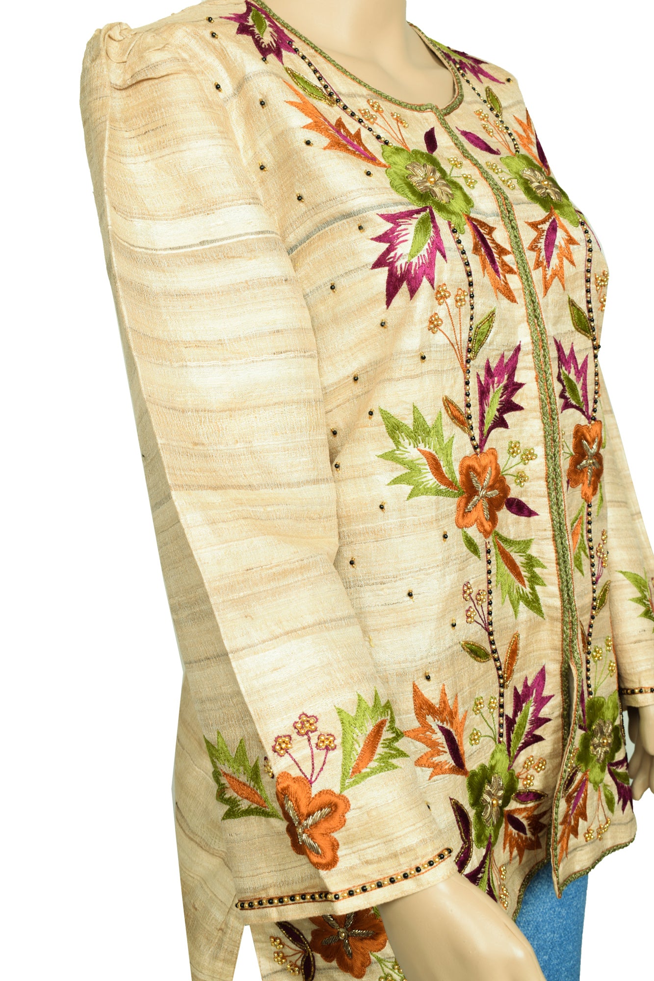 Sushila Vintage Readymade 40" Top Beige Pure Khadi Hand Beaded Short Kurti