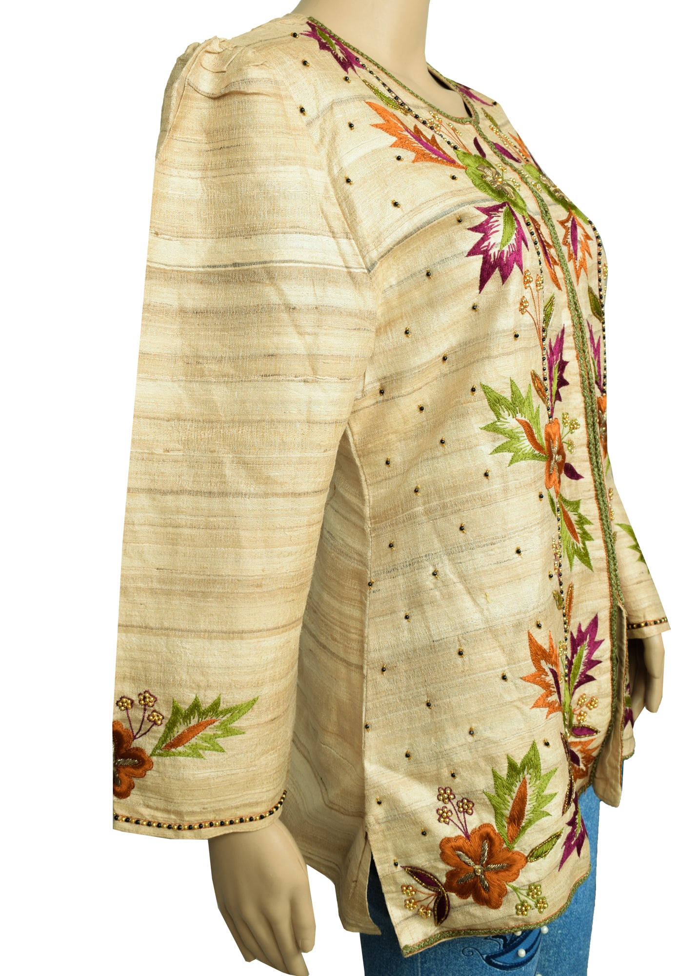 Sushila Vintage Readymade 40" Top Beige Pure Khadi Hand Beaded Short Kurti