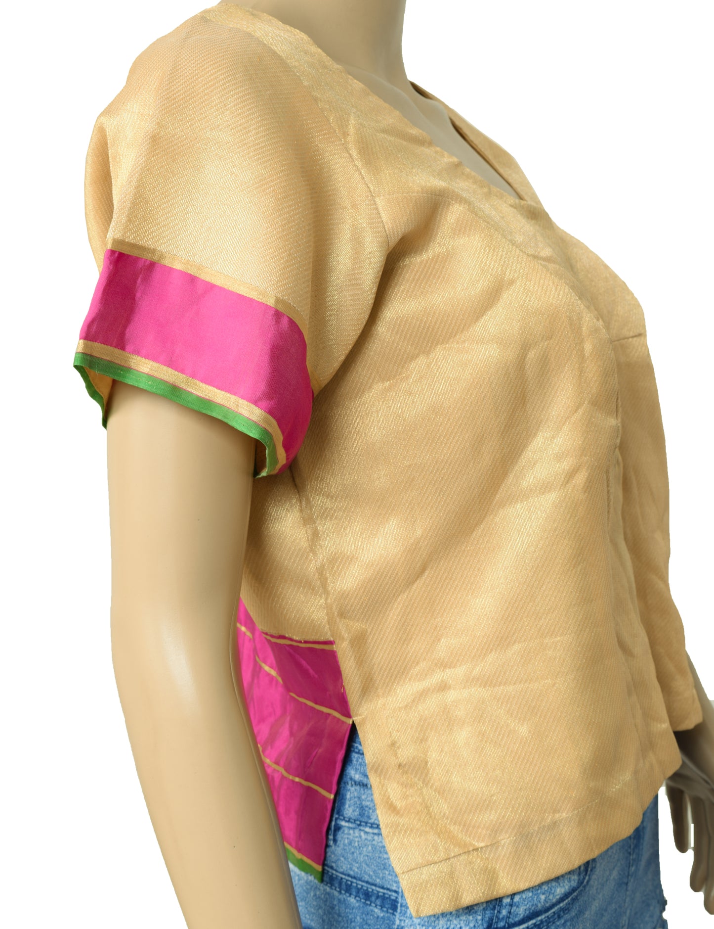 Sushila Vintage Beige Readymade 40" Sari Blouse Silk Woven Designer Choli