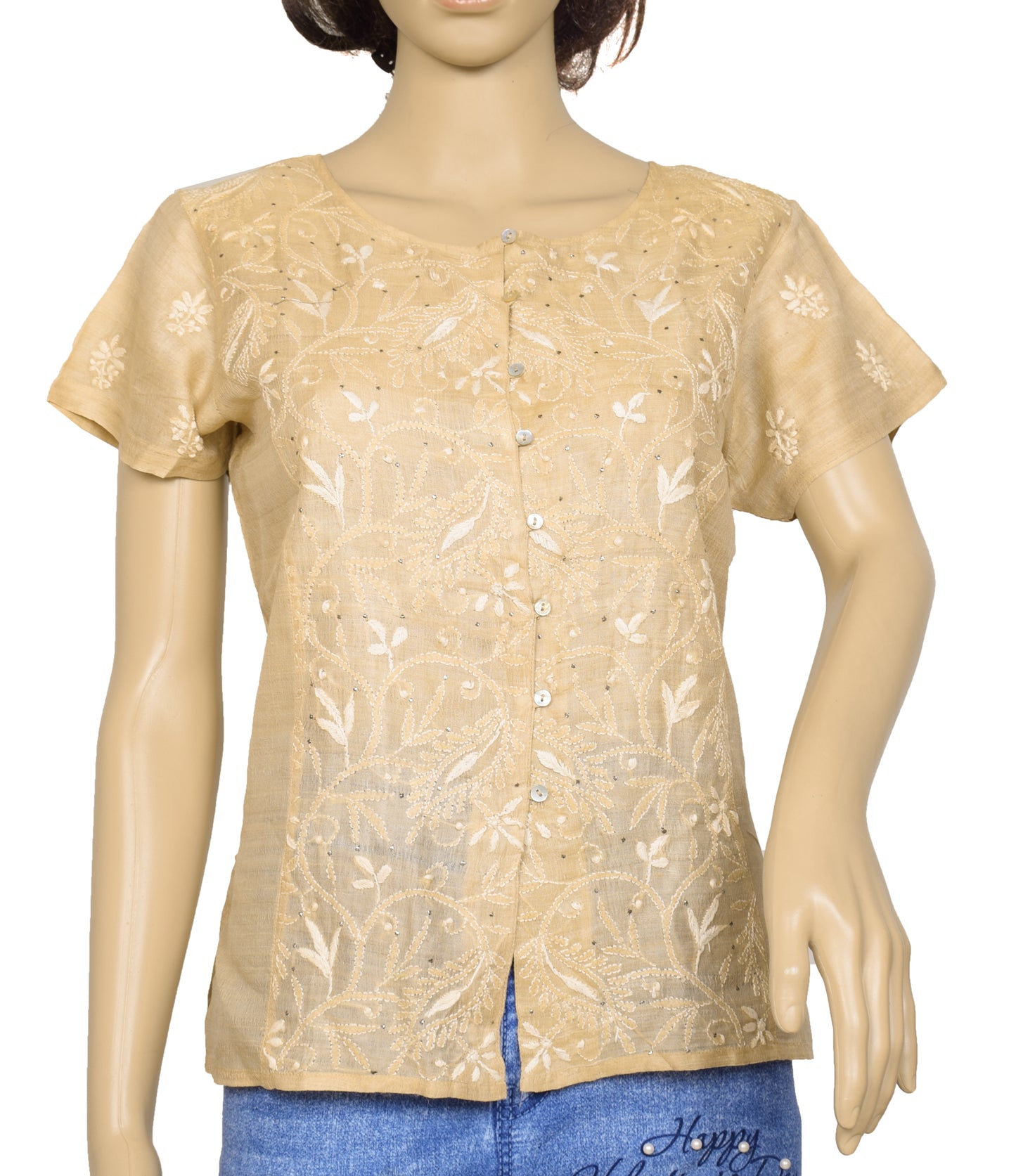 Sushila Vintage Branded Women Brown Chikankari Embroidered Silk Stitched 38" Top