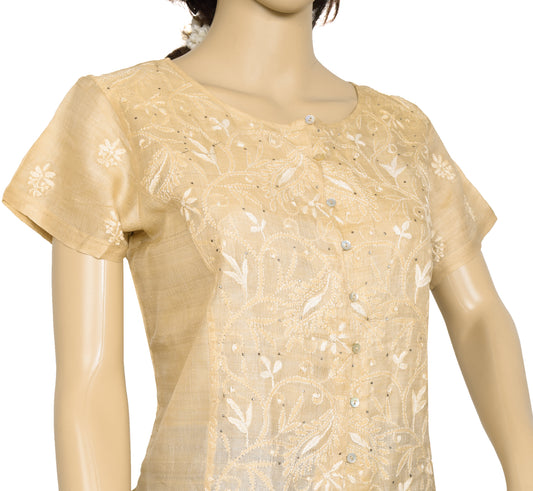 Sushila Vintage Branded Women Brown Chikankari Embroidered Silk Stitched 38" Top