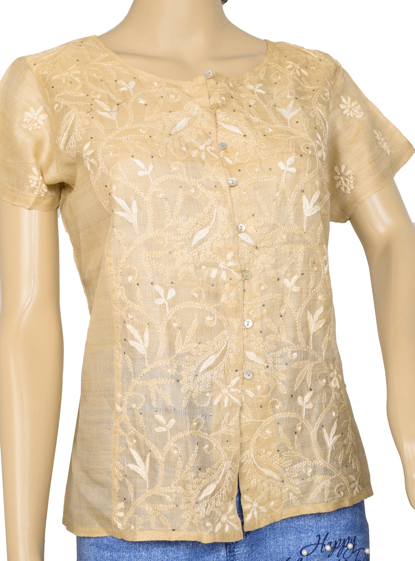 Sushila Vintage Branded Women Brown Chikankari Embroidered Silk Stitched 38" Top