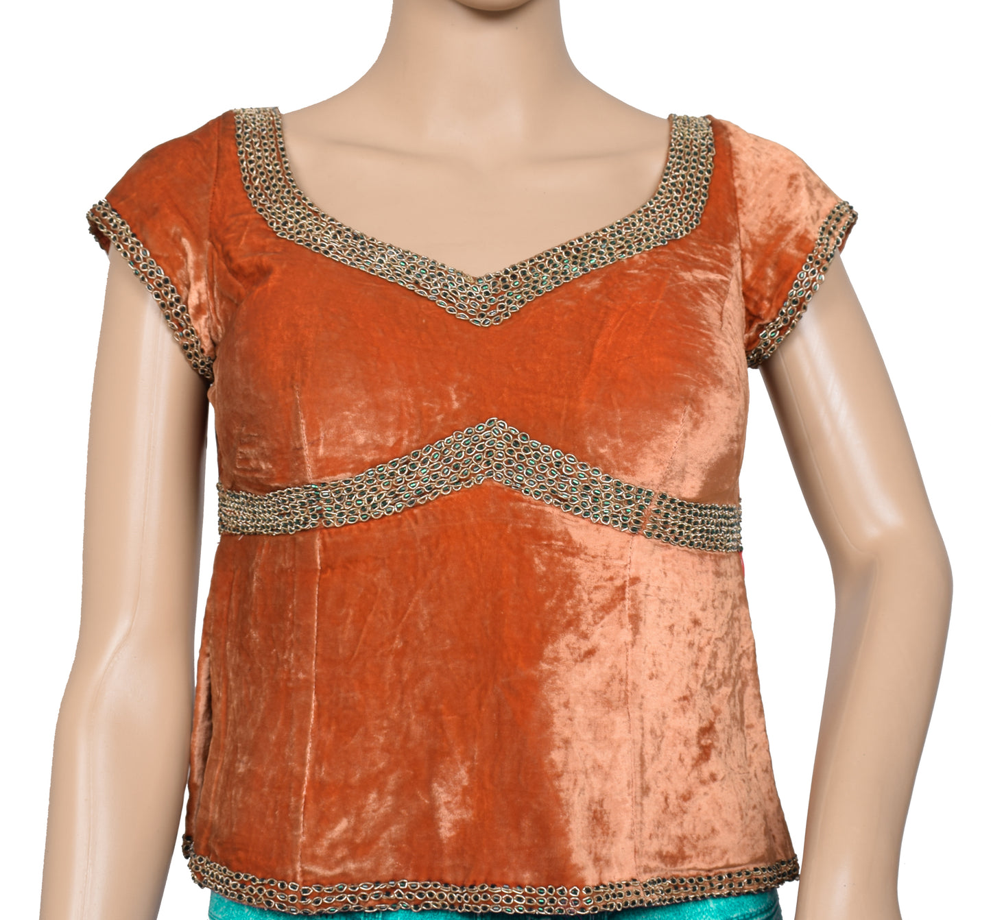 Sushila Vintage Rust Handmade Stitched Blouse Velvet Hand Beaded Designer 30" Choli
