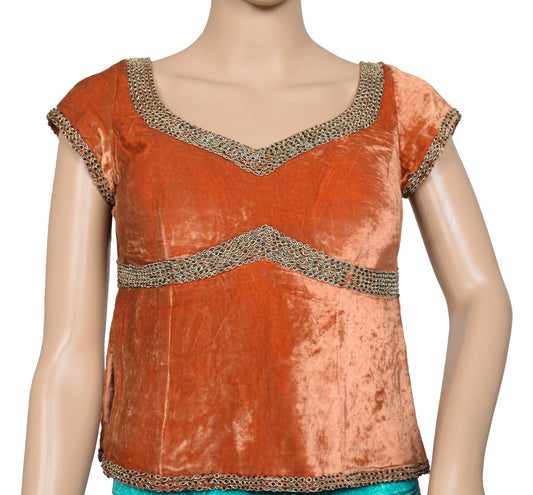 Sushila Vintage Rust Handmade Stitched Blouse Velvet Hand Beaded Designer 30" Choli
