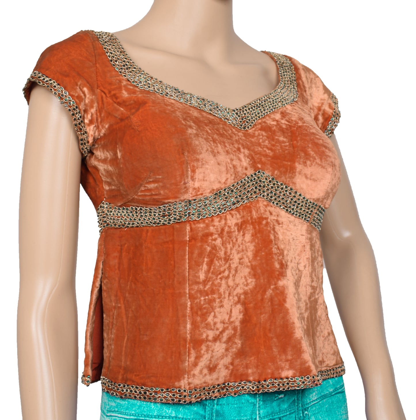 Sushila Vintage Rust Handmade Stitched Blouse Velvet Hand Beaded Designer 30" Choli