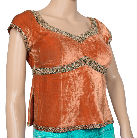 Sushila Vintage Rust Handmade Stitched Blouse Velvet Hand Beaded Designer 30" Choli