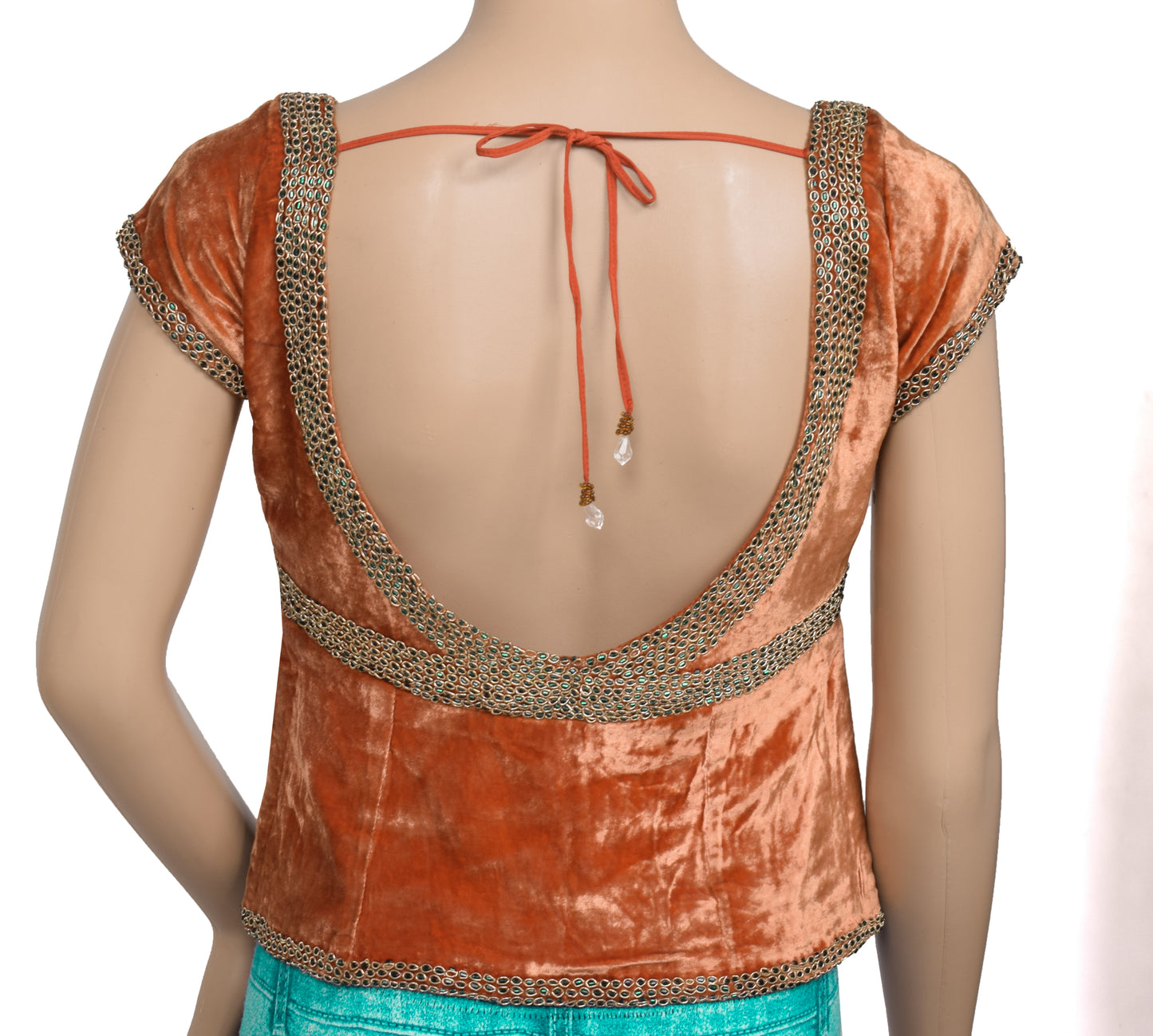 Sushila Vintage Rust Handmade Stitched Blouse Velvet Hand Beaded Designer 30" Choli