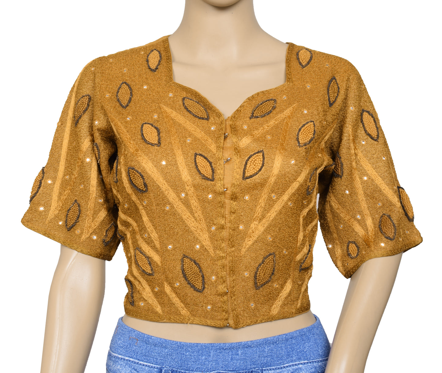 Sushila Vintage Readymade 36" Mustard Sari Blouse Embroidered Designer Top