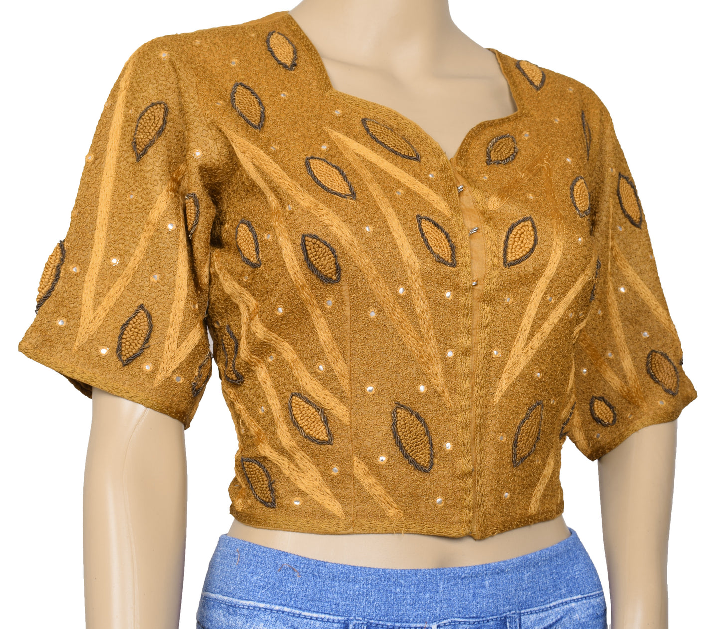 Sushila Vintage Readymade 36" Mustard Sari Blouse Embroidered Designer Top