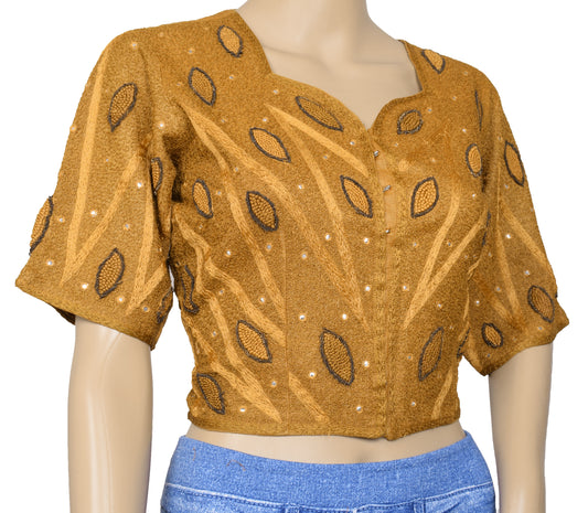 Sushila Vintage Readymade 36" Mustard Sari Blouse Embroidered Designer Top