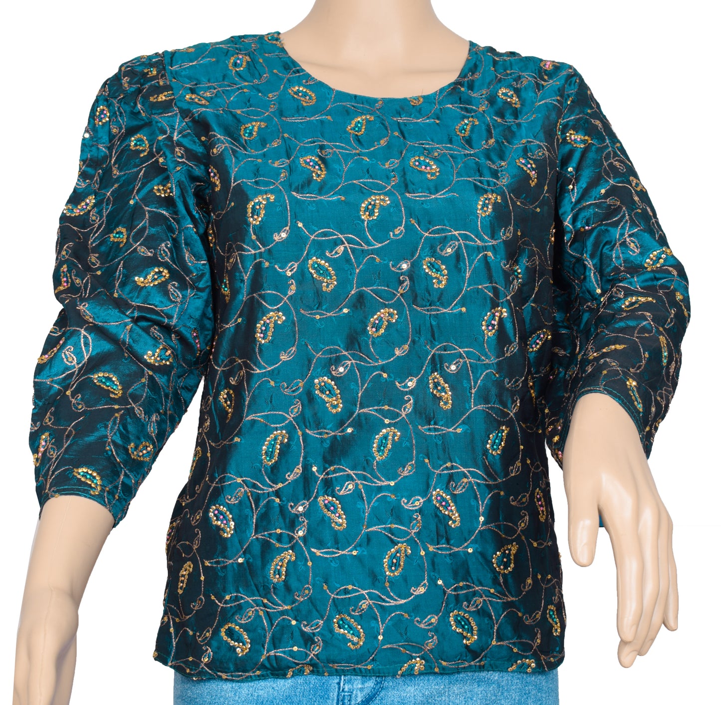 Sushila Vintage Blue Readymade 38" Silk Hand Beaded Designer Woman's Top
