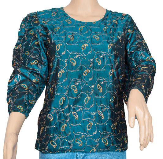 Sushila Vintage Blue Readymade 38" Silk Hand Beaded Designer Woman's Top
