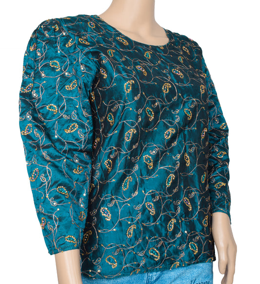 Sushila Vintage Blue Readymade 38" Silk Hand Beaded Designer Woman's Top
