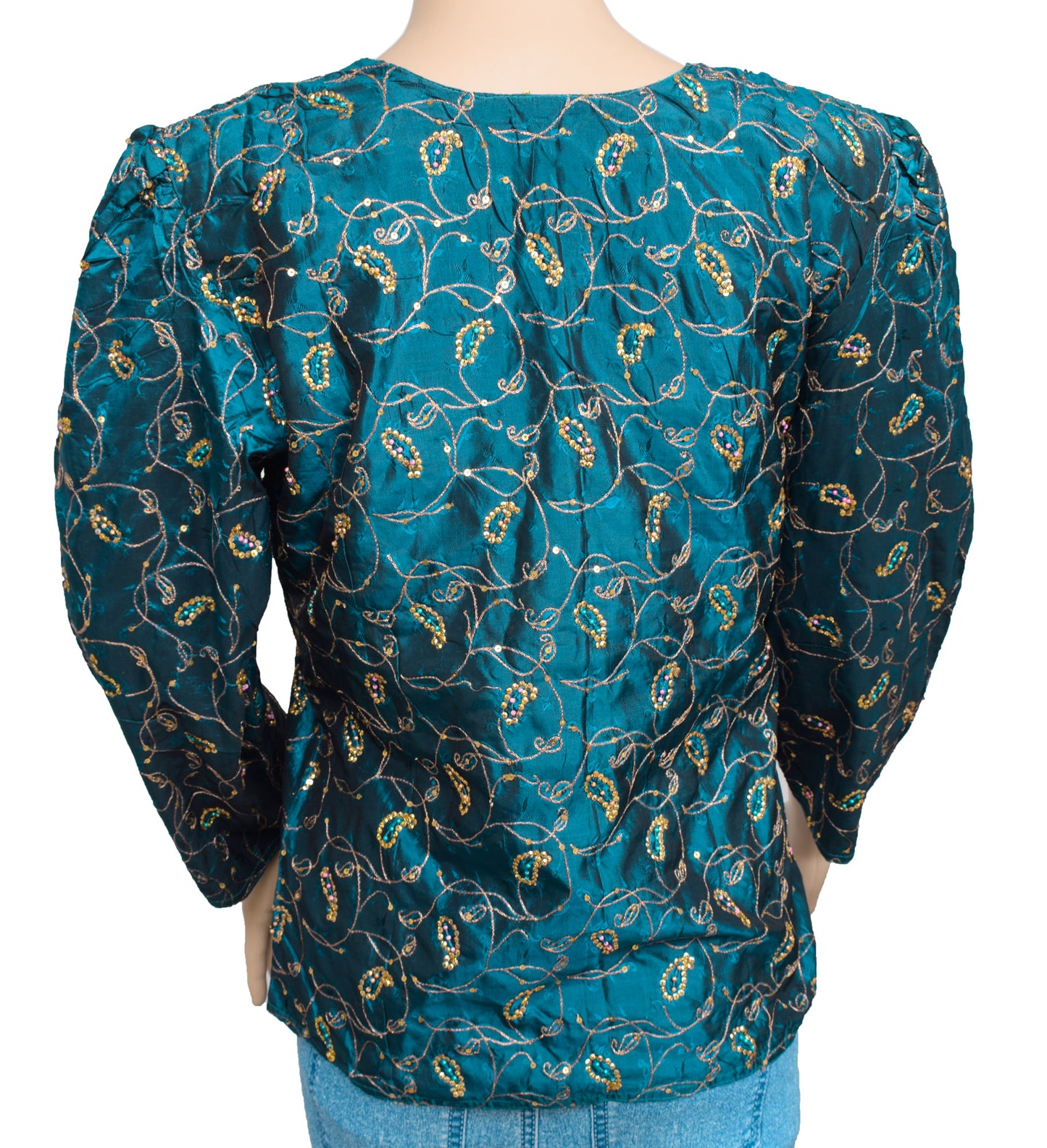 Sushila Vintage Blue Readymade 38" Silk Hand Beaded Designer Woman's Top