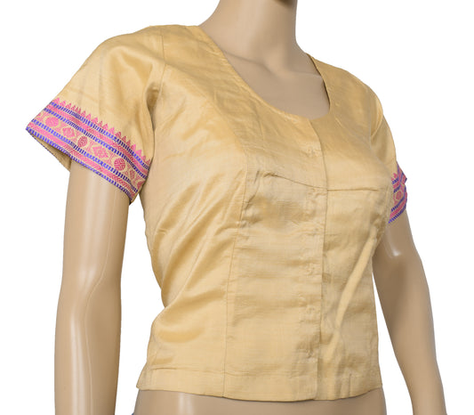 Sushila Vintage Readymade 40" Beige Sari Blouse Silk Woven Designer Choli