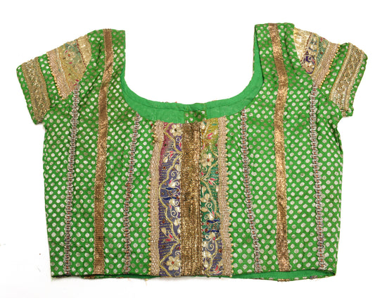 Sushila Vintage Readymade 30" Sari Blouse Silk Green Woven Designer Choli